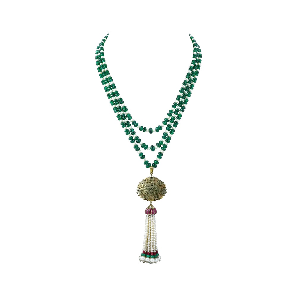 Tri-Layered Emerald and Pearl Necklace with Tassel Pendant
